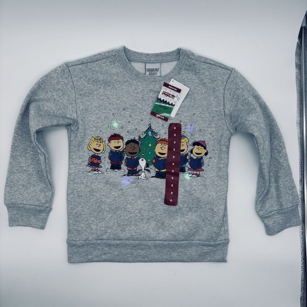 Peanuts Charlie Brown Snoopy Light Up Christmas Sweatshirt Kids Size 8 NEW Gray
